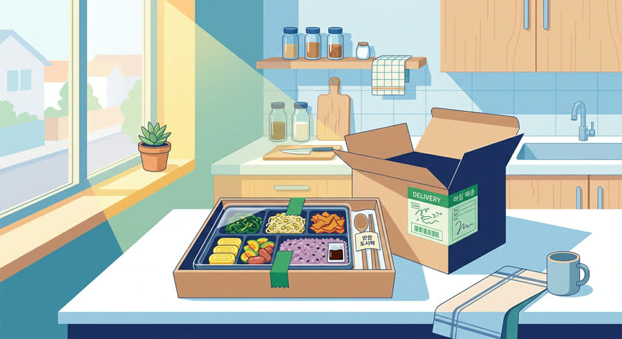 완성된 반찬 도시락이 아침 햇살 드는 부엌에서 포장되어 배송을 기다리는 장면