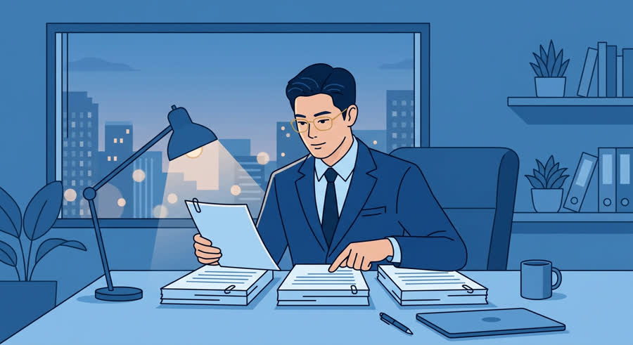 의사 가운을 입은 젊은 한국인 의료진과 상담 중인 정장 차림의 30대 초반 한국인 남성 행정사, 책상 위 서류