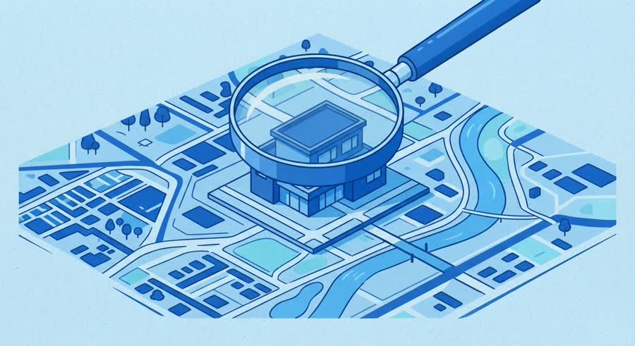 지도 위에 작은 건물 모형이 놓이고 돋보기가 그 위를 비추는 장면