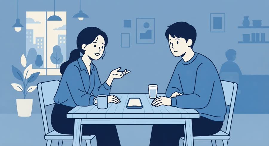 사람, 고층 사무실 창가 책상에서 헬멧을 무릎에 올린 배달 라이더와 서류를 함께 보는 장면, 창밖 바다와 도시