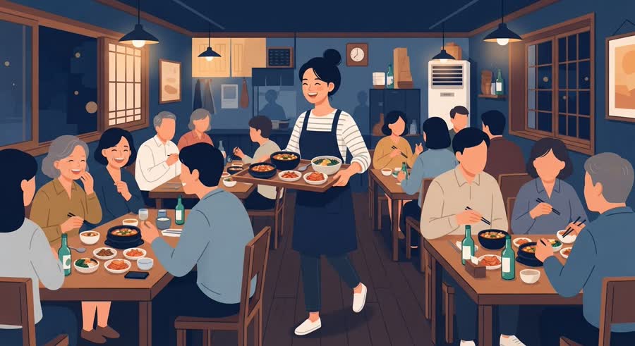 사람, 저녁 무렵 손님들로 채워진 작은 한식당 홀에서 웃으며 음식을 내오는 사장