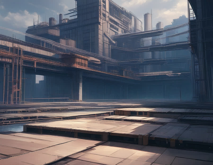 왼쪽에서 오른쪽으로 이어지는 여섯 개의 징검다리와 그 끝의 작은 공장 건물
