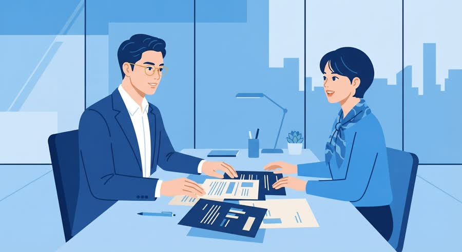 벽걸이 달력 앞에서 날짜를 짚으며 일정표를 그리는 정장에 금테 안경을 쓴 젊은 행정사, 책상 위에 서면 요청서