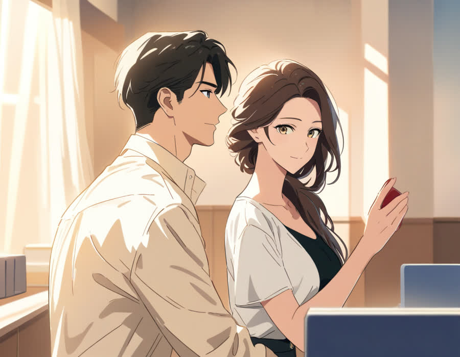 회사 휴게실에서 스마트폰으로 자동차 사진을 보여 주며 웃는 젊은 여성과 관심 있게 들여다보는 젊은 남성, 둘 다