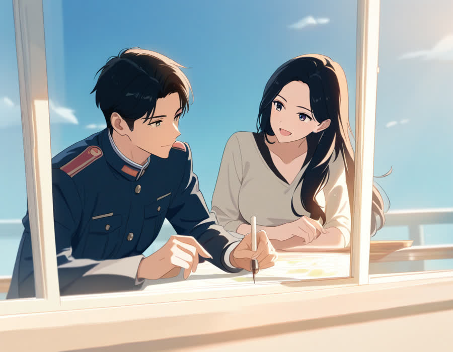 카페 창가에서 군복을 입은 20대 한국 여성 부사관이 환한 표정으로 손그림 약도를 그리는 장면, 테이블 위의 볼펜과 종이