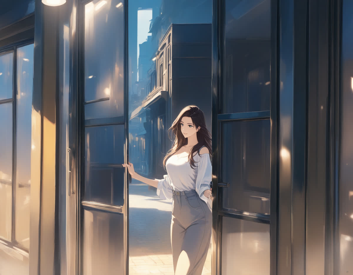 아침 햇살이 드는 가게 앞에서 문을 열며 환하게 웃는 20대 여성