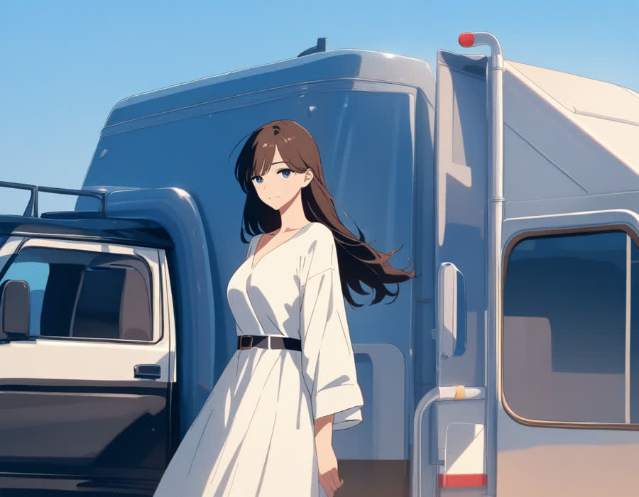 아침 햇살 아래 소형 냉동탑차 옆에 선 젊은 여성 배송 기사가 을 보며 옅게 웃는 장면, 선명하고