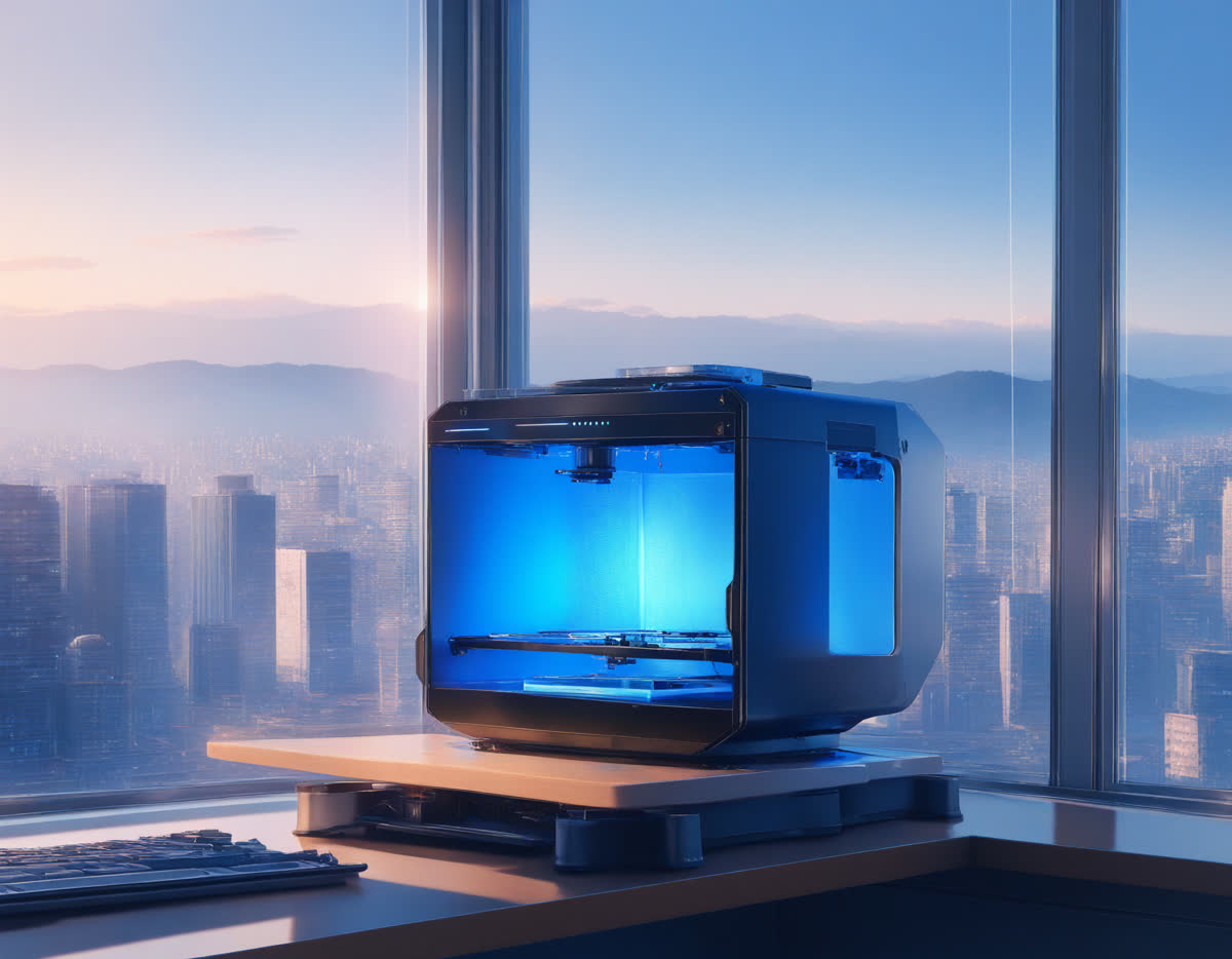 도시 풍경이 내다보이는 작업실 창가의 3D 프린터