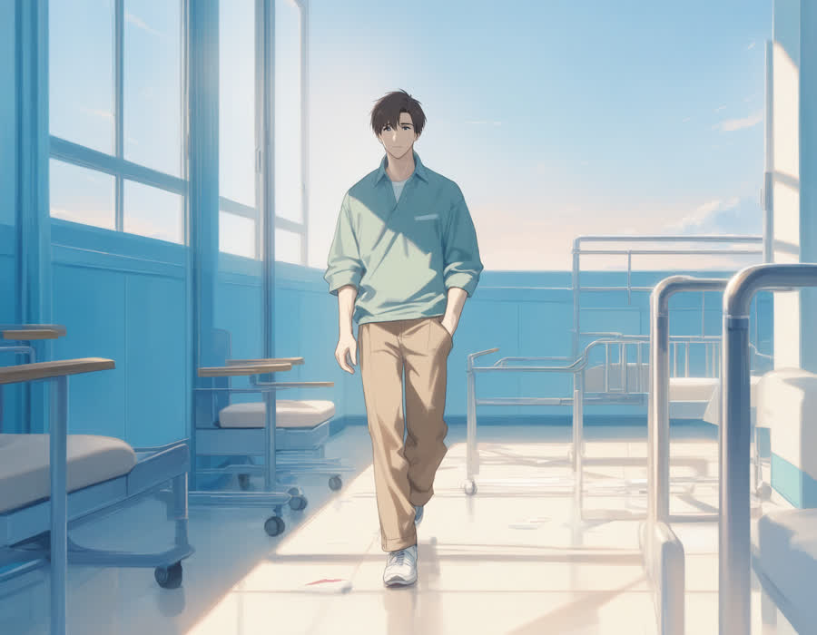 20대 남성이 병원 재활실에서 보조 기구를 짚고 창가를 향해 걷는 모습, 에 가까운 구도, 얼굴 선명