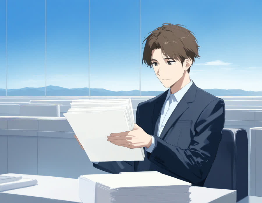 차량등록사업소 민원 창구에서 정리된 서류 묶음을 건네는 정장 차림 20대 젊은 남성의 상반신, 깔끔한 한국 관공서 실내
