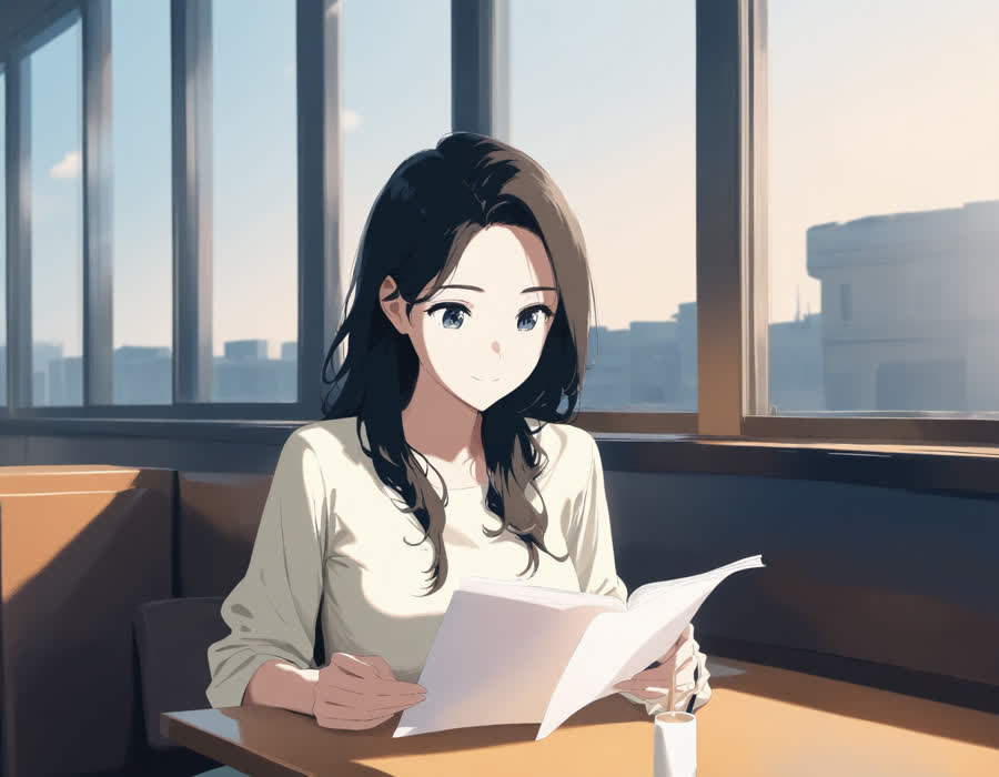 오후 카페 창가에서 젊은 여성 누나가 남동생의 병원 서류를 함께 넘겨 보며 미소 짓는 장면, 창밖 인천 송도 거리