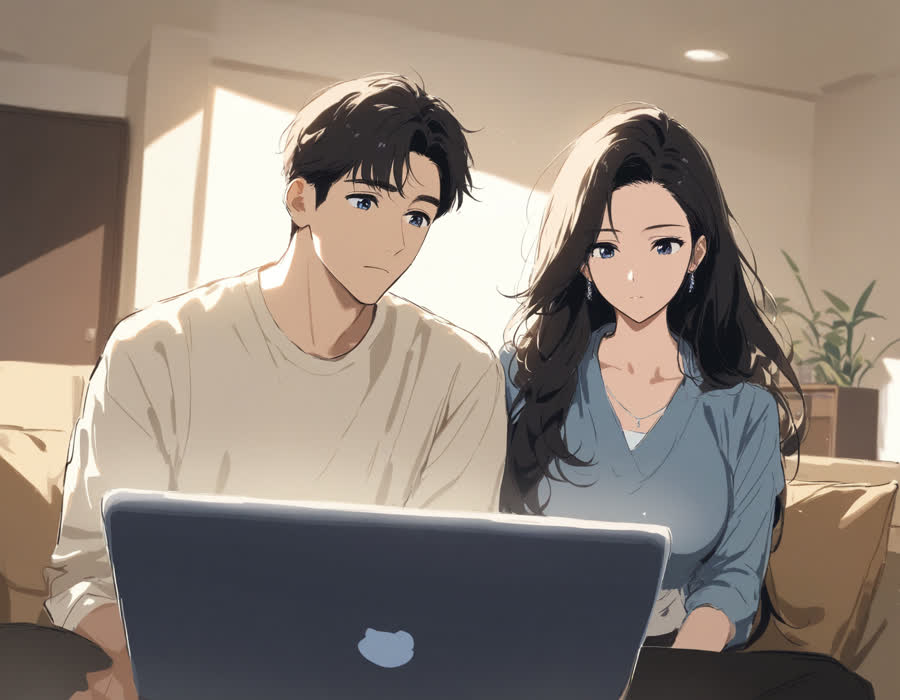 거실 소파에서 20대 여성이 노트북 화면과 메모지를 번갈아 보며 고개를 갸웃하는 장면, 오후 햇살