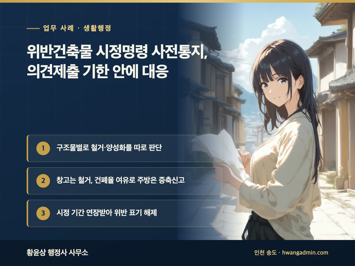업무 사례 · 생활행정 위반건축물 시정명령 사전통지, 의견제출 기한 안에 대응 구조물별로 철거·양성화를 따로 판단, 창고는 철거, 건폐율 여유로 주방은 증축신고, 시정 기간 연장받아 위반 표기 해제