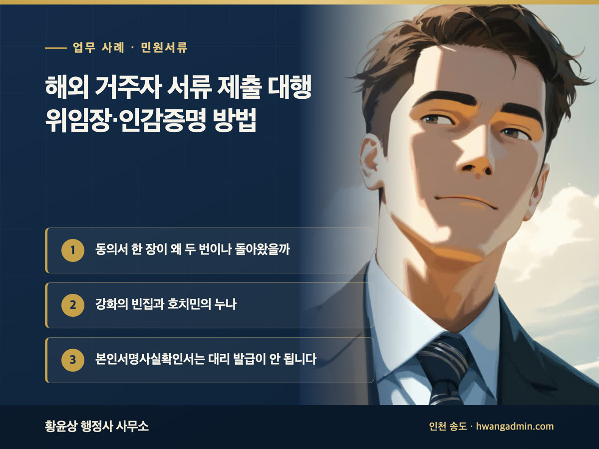업무 사례 · 민원서류 해외 거주자 서류 제출 대행 위임장·인감증명 방법 동의서 한 장이 왜 두 번이나 돌아왔을까, 강화의 빈집과 호치민의 누나, 본인서명사실확인서는 대리 발급이 안 됩니다