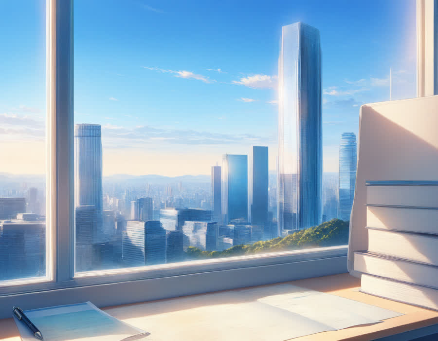 책상 위에 여권 두 권과 체크 표시가 된 점검표, 펜이 놓인 모습, 창밖 송도 스카이라인