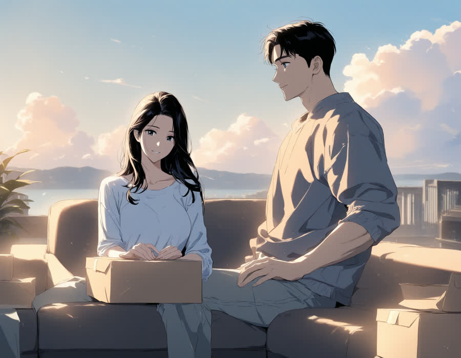 오후 이삿짐 상자가 쌓인 거실에서 20대 여성이 창밖을 보며 상자에 테이프를 붙이는 모습, 따뜻한 햇살