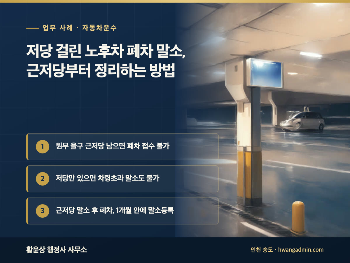 업무 사례 · 자동차운수 저당 걸린 노후차 폐차 말소, 근저당부터 정리하는 방법 원부 을구 근저당 남으면 폐차 접수 불가, 저당만 있으면 차령초과 말소도 불가, 근저당 말소 후 폐차, 1개월 안에 말소등록