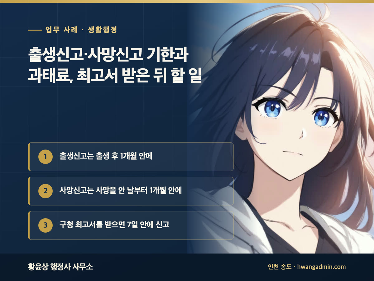 업무 사례 · 생활행정 출생신고·사망신고 기한과 과태료, 최고서 받은 뒤 할 일 출생신고는 출생 후 1개월 안에, 사망신고는 사망을 안 날부터 1개월 안에, 구청 최고서를 받으면 7일 안에 신고
