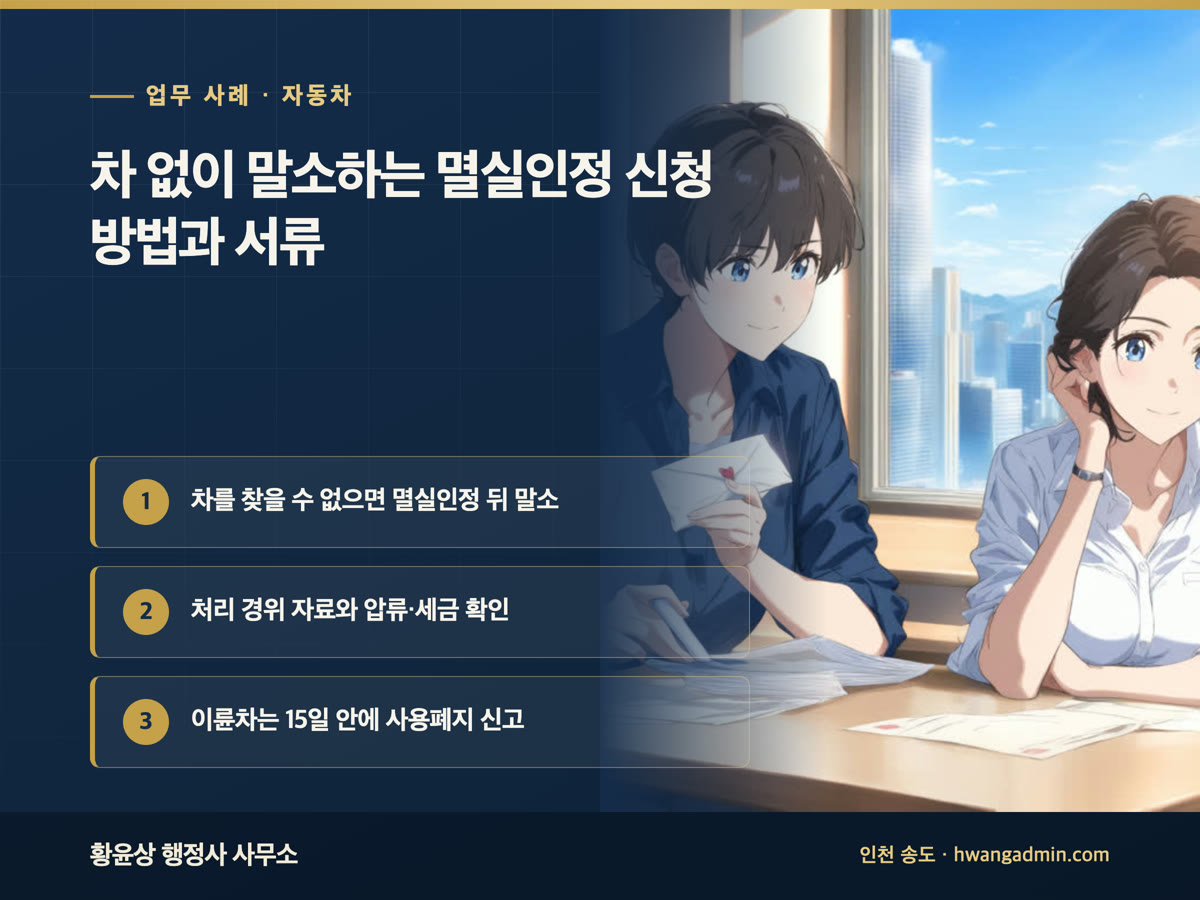 업무 사례 · 자동차 차 없이 말소하는 멸실인정 신청 방법과 서류 차를 찾을 수 없으면 멸실인정 뒤 말소, 처리 경위 자료와 압류·세금 확인, 이륜차는 15일 안에 사용폐지 신고