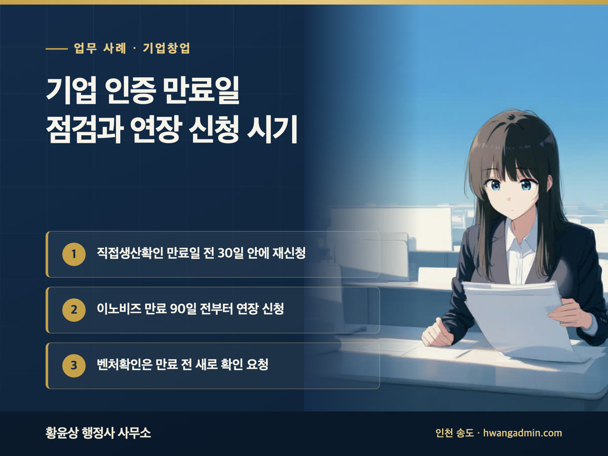 업무 사례 · 기업창업 기업 인증 만료일 점검과 연장 신청 시기 직접생산확인 만료일 전 30일 안에 재신청, 이노비즈 만료 90일 전부터 연장 신청, 벤처확인은 만료 전 새로 확인 요청