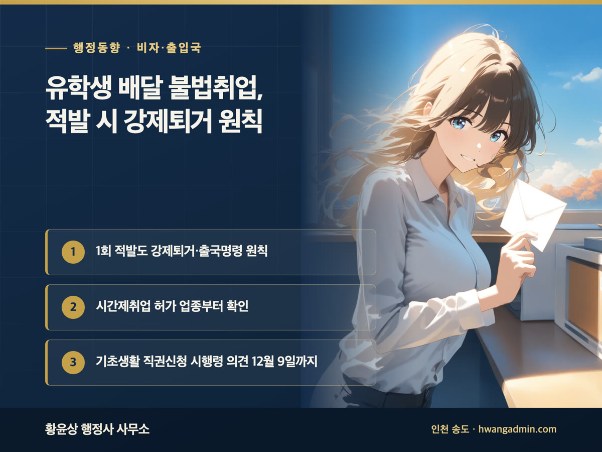 유학생 배달업 불법취업 적발 시 강제퇴거 또는 출국명령 원칙, 기초생활 급여 직권신청 시행령 입법예고 의견 12월 9일까지, 복권판매인 우선계약 대상 확대를 정리한 안내 이미지