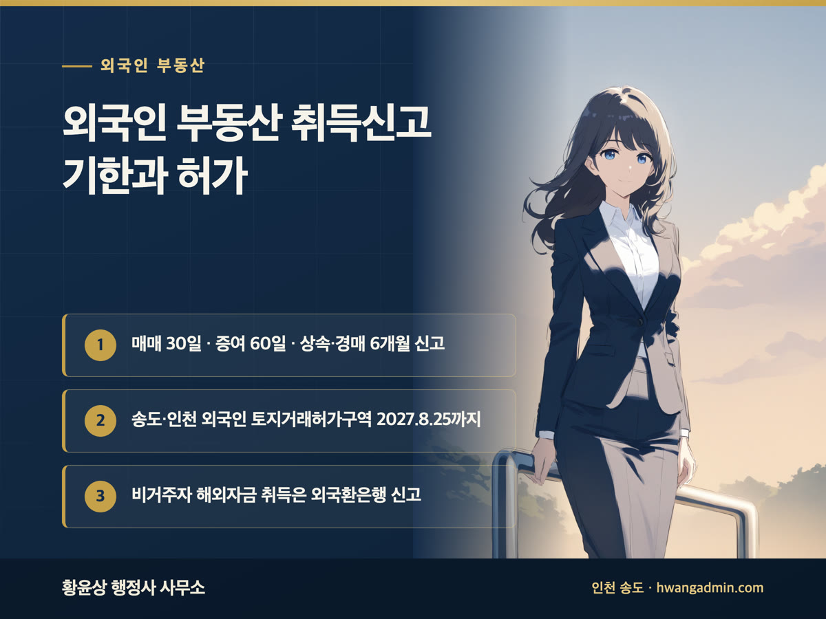 외국인 부동산 취득신고 기한 매매 30일·증여 60일·상속 6개월, 송도·인천 외국인 토지거래허가구역 2027년 8월 25일까지 계약 전 허가, 비거주자 외국환은행 부동산취득신고