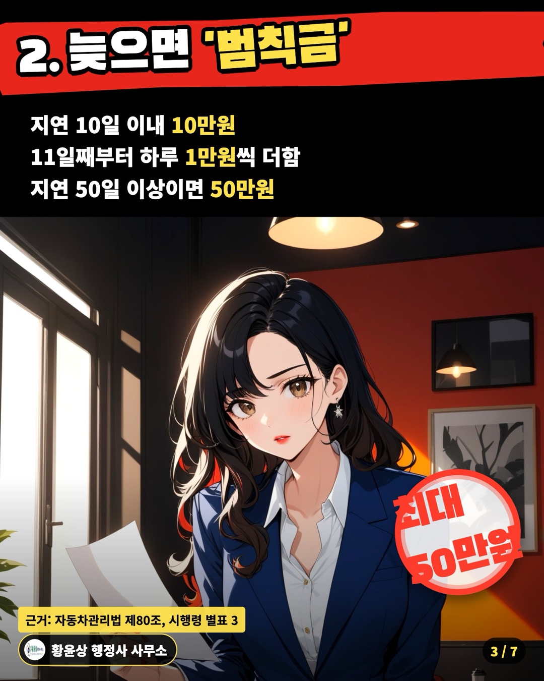 2. 늦으면 '범칙금' — 지연 10일 이내 10만원 / 11일째부터 하루 1만원씩 더함 / 지연 50일 이상이면 50만원