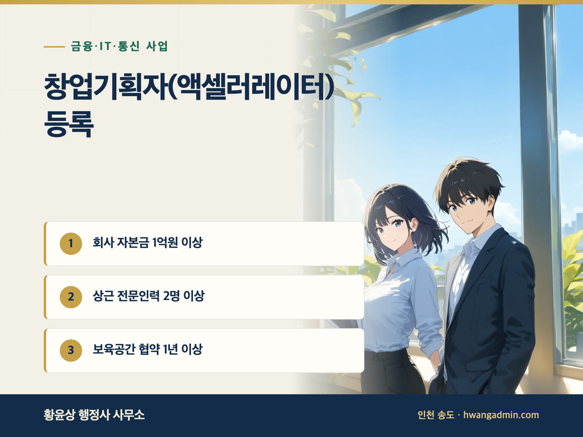 창업기획자(액셀러레이터) 등록 요건 — 자본금 1억·상근 전문인력 2명·보육공간과 신청 서류 — 안내 이미지