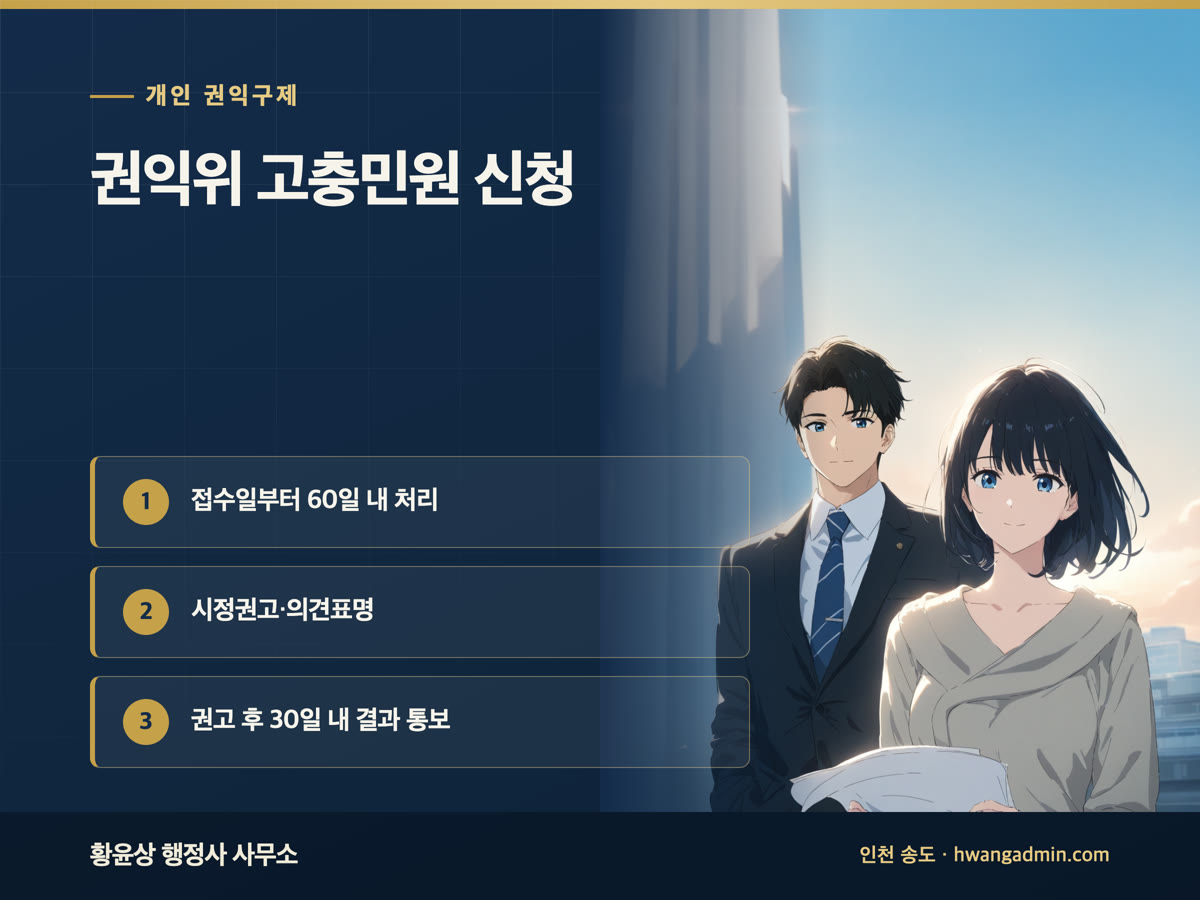 국민권익위원회 고충민원 신청서 작성 — 처리기간 60일, 시정권고·의견표명과 처리 지연 민원 대응 — 안내 이미지