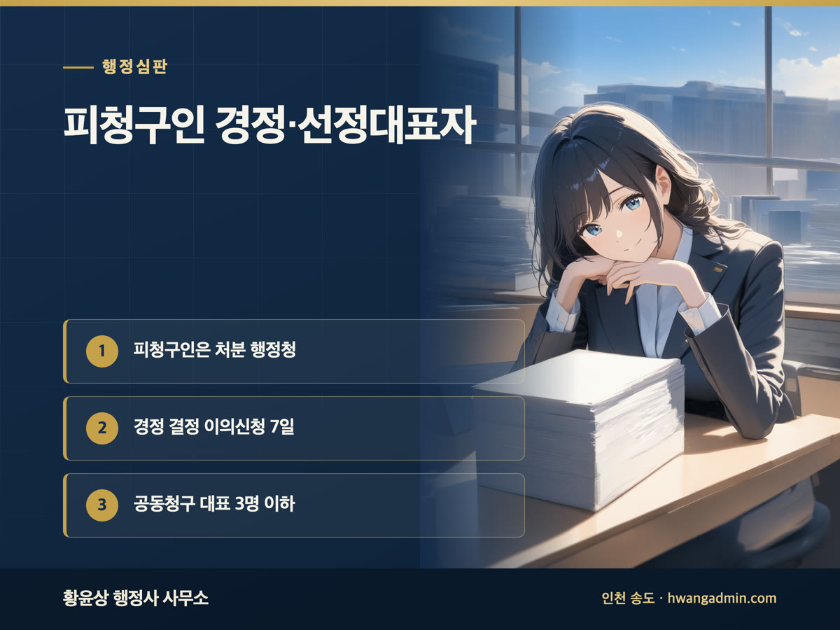 행정심판 피청구인 경정 신청 방법 — 이의신청 7일, 공동청구 선정대표자 3명 이하 — 안내 이미지