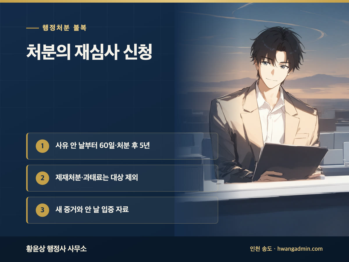 처분의 재심사 신청 — 행정심판 기간 지난 처분, 새 증거 안 날부터 60일·처분 후 5년 — 안내 이미지