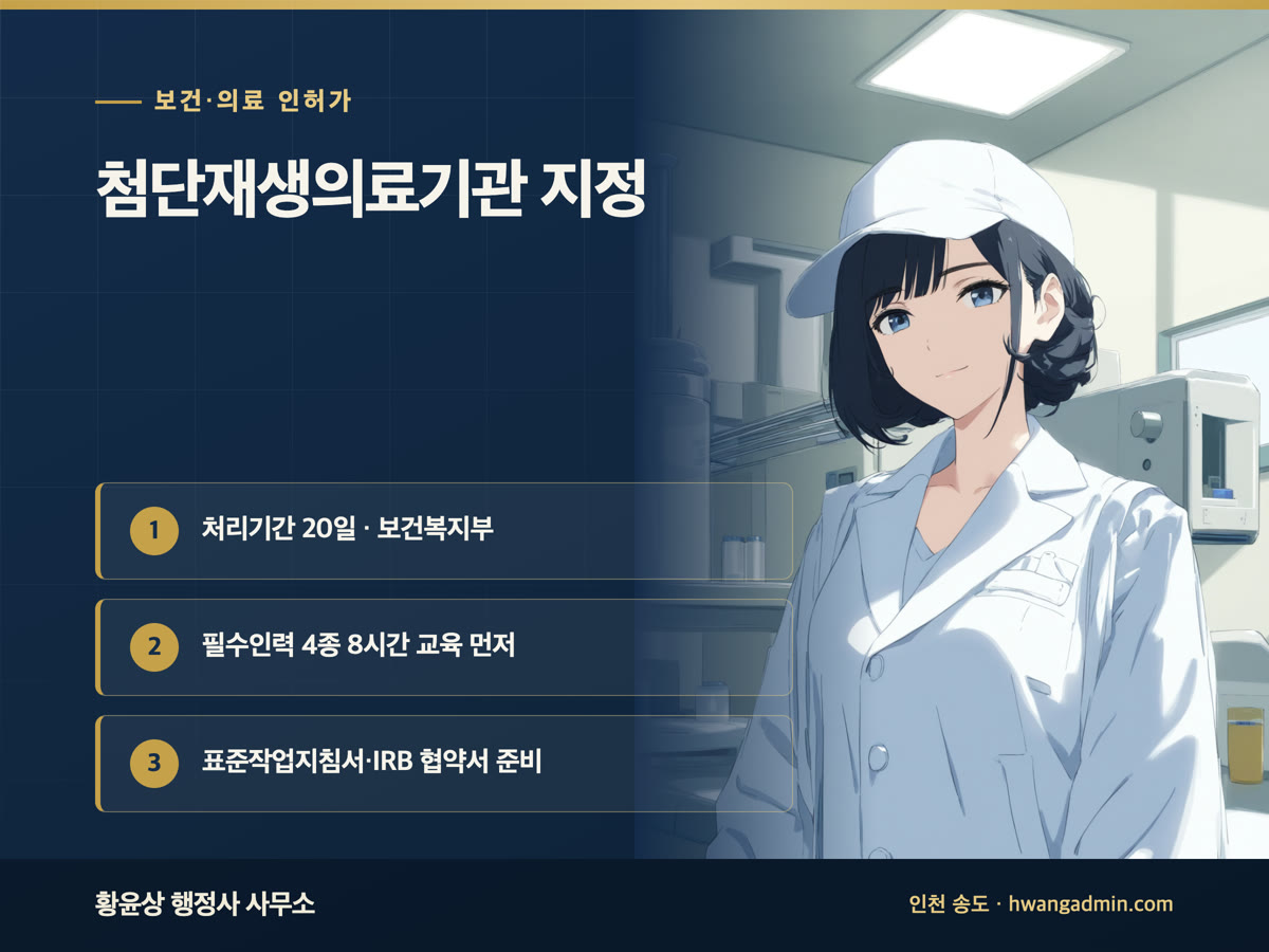 첨단재생의료실시기관 지정신청 서류와 기준 — 필수인력 4종·처리기간 20일 — 안내 이미지