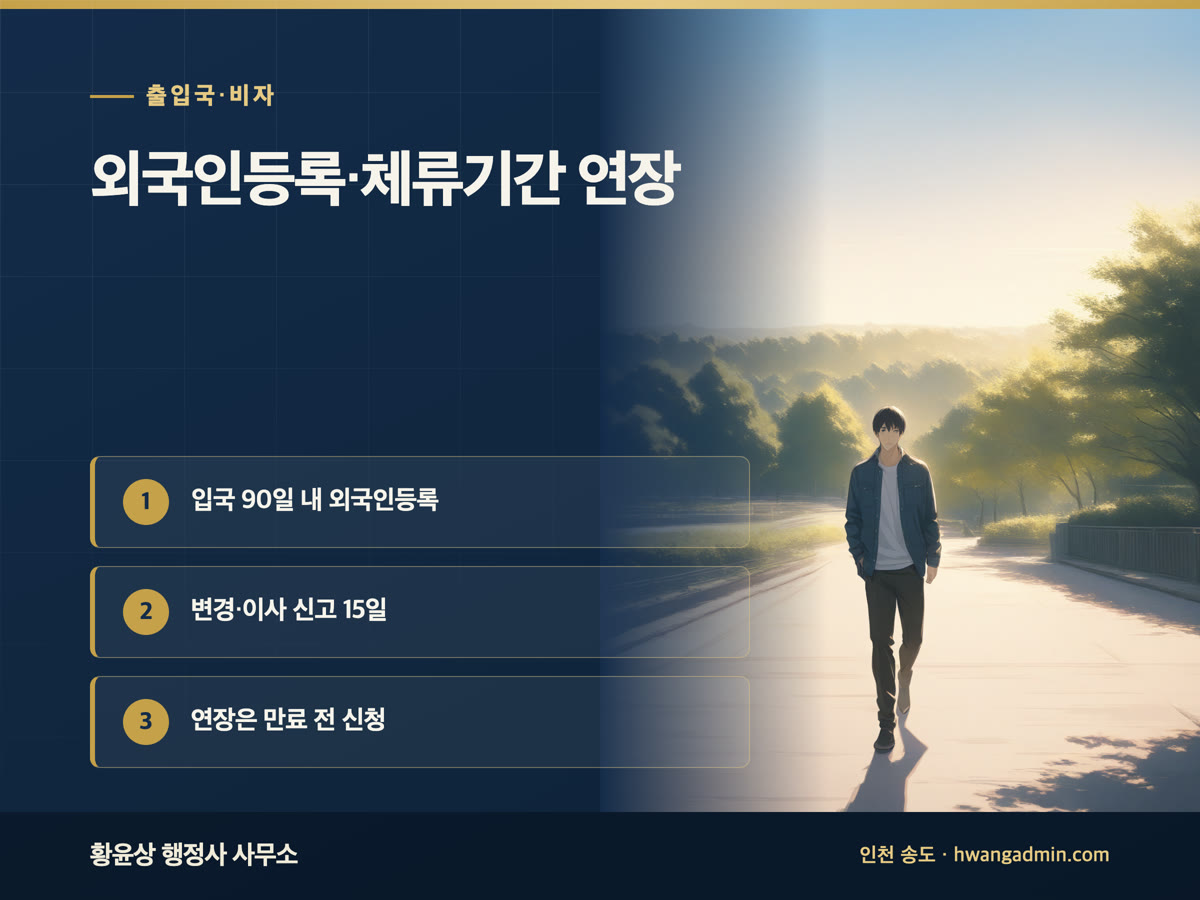 외국인등록·체류기간 연장 신청 방법 — 90일 등록, 15일 변경신고, 만료 전 연장 — 안내 이미지