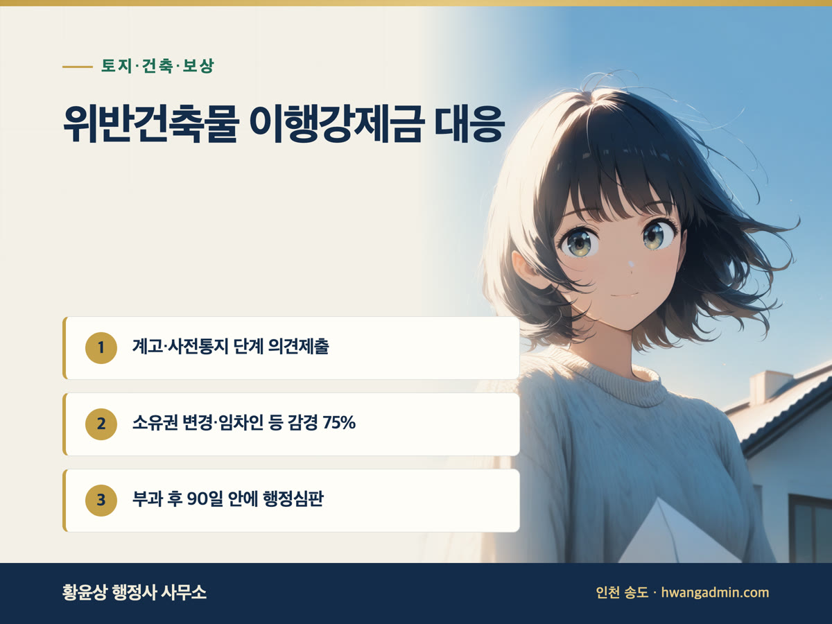 위반건축물 이행강제금 의견제출·행정심판 — 계고 단계 소명, 감경 75%, 청구기한 90일 — 안내 이미지
