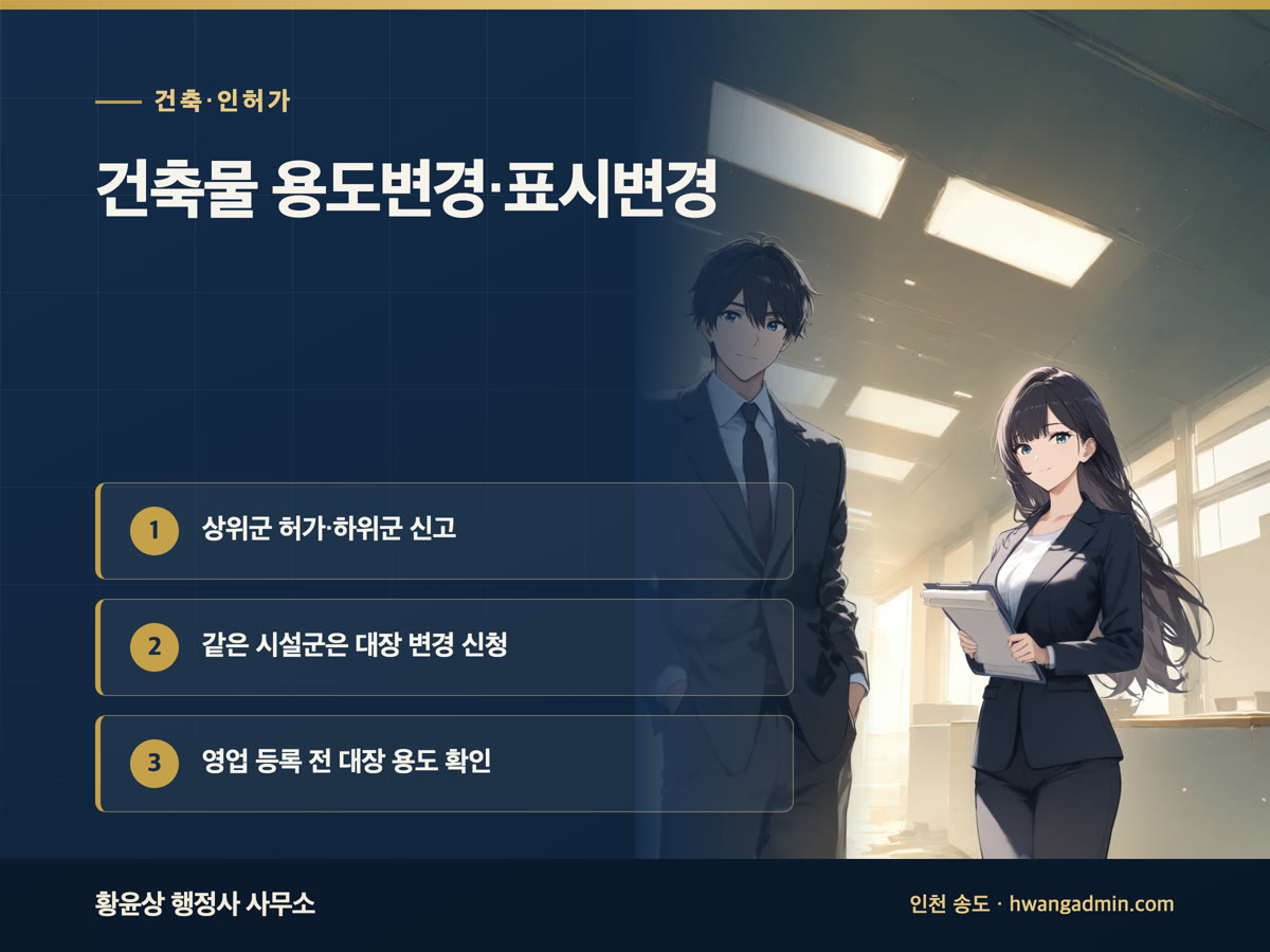 건축물 용도변경 허가·신고와 표시변경 신청 — 식품제조업·공장등록 전 건축물대장 용도 확인 — 안내 이미지