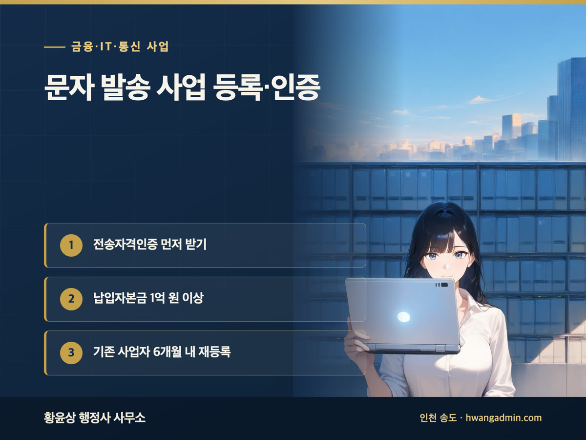 문자 발송 사업 특수한 유형의 부가통신사업 등록·전송자격인증 — 자본금 1억 원과 기존 사업자 재등록 — 안내 이미지