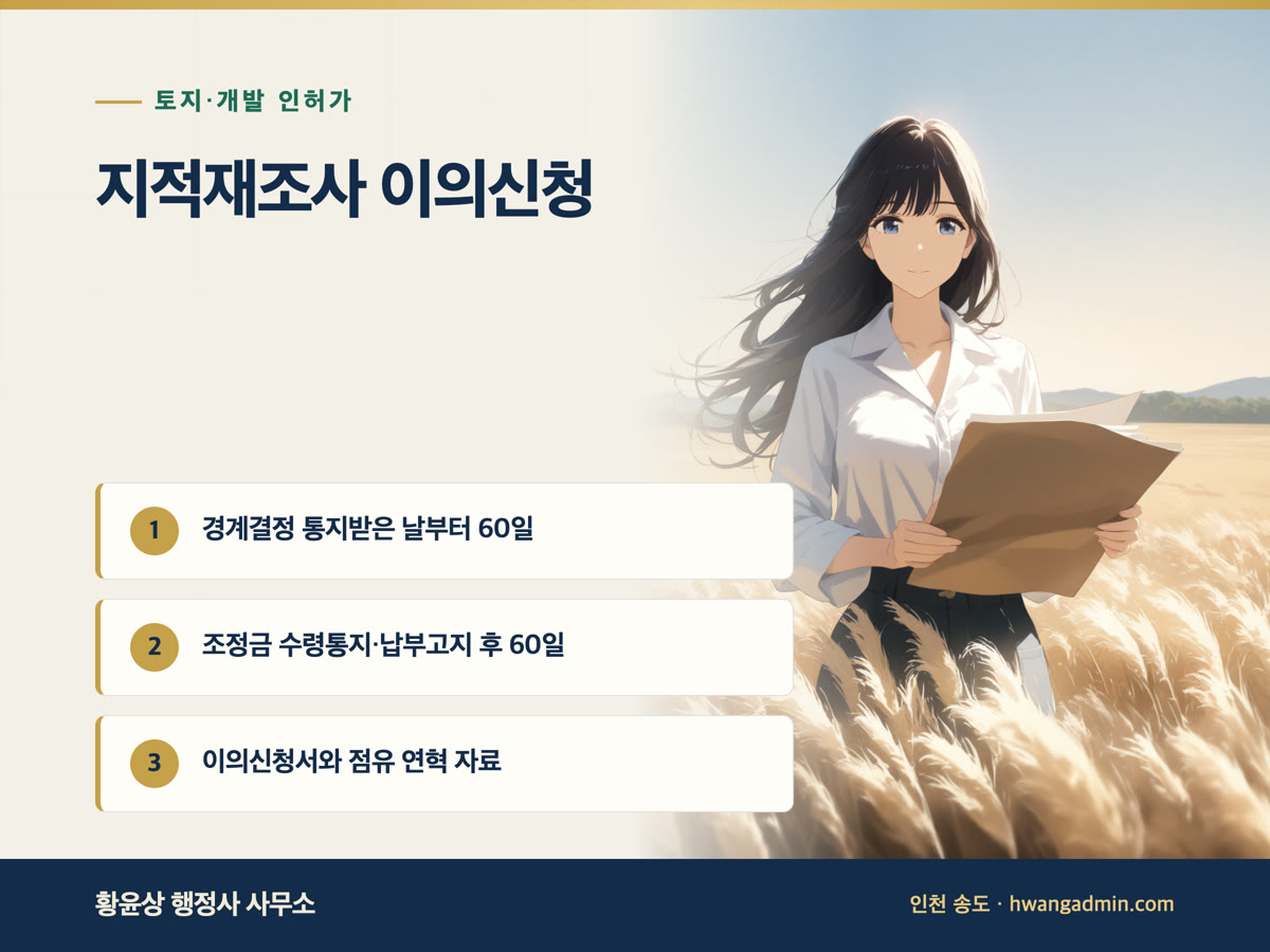 지적재조사 경계결정·조정금 이의신청 방법 — 통지받은 날부터 60일 안에 내는 서류 — 안내 이미지
