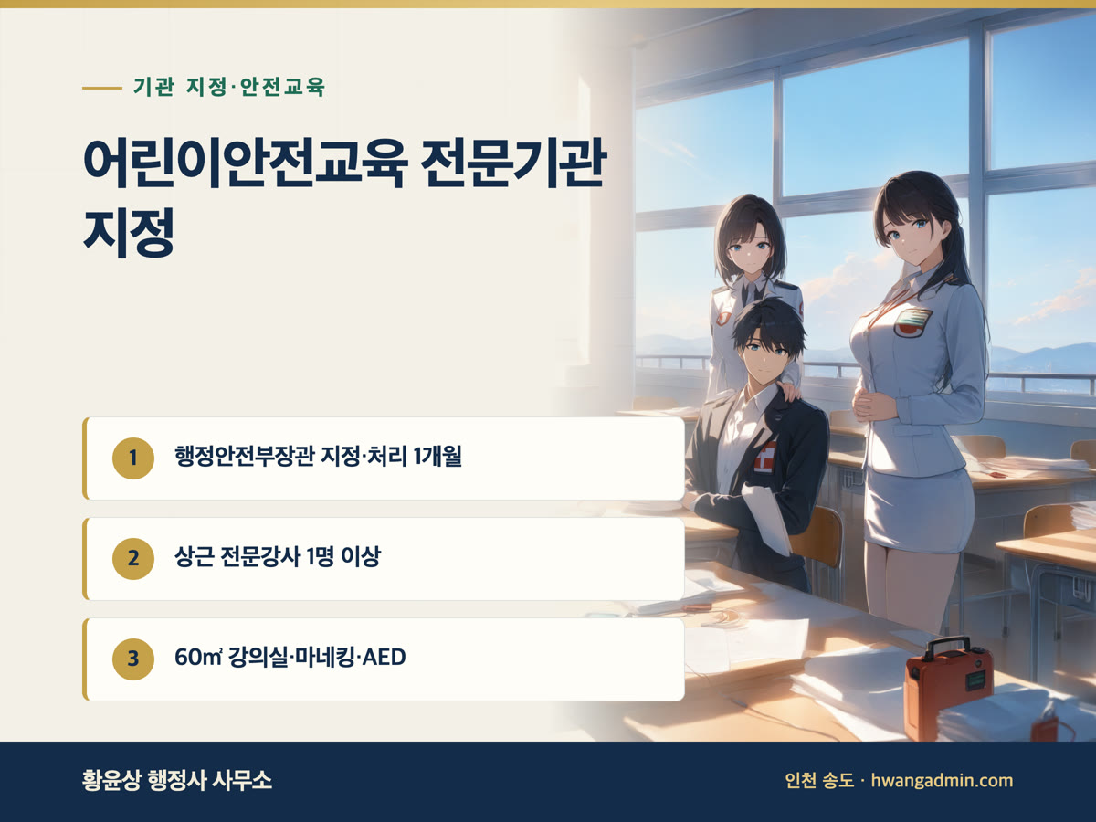 어린이안전교육 전문기관 지정 신청 — 상근 전문강사·60㎡ 강의실·체험교구 지정기준과 서류 — 안내 이미지