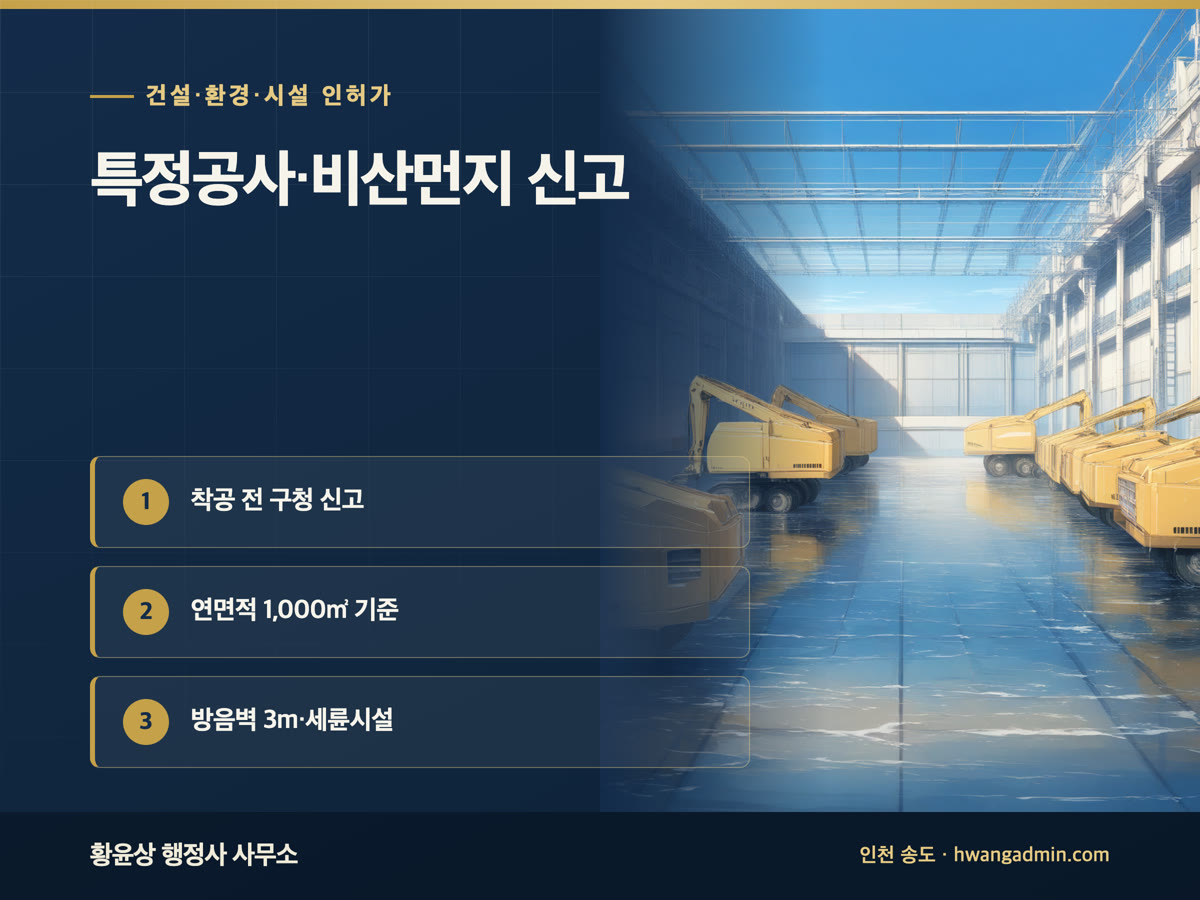 특정공사 사전신고·비산먼지 발생사업 신고 — 연면적 1,000㎡ 이상 공사는 착공 전 신고 — 안내 이미지