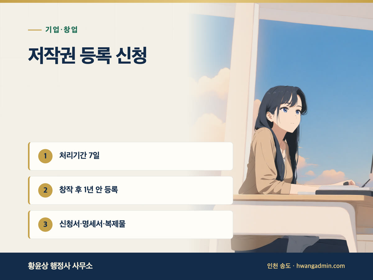 저작권 등록 신청 방법과 서류 — 처리기간 7일과 창작일 1년 기준 — 안내 이미지