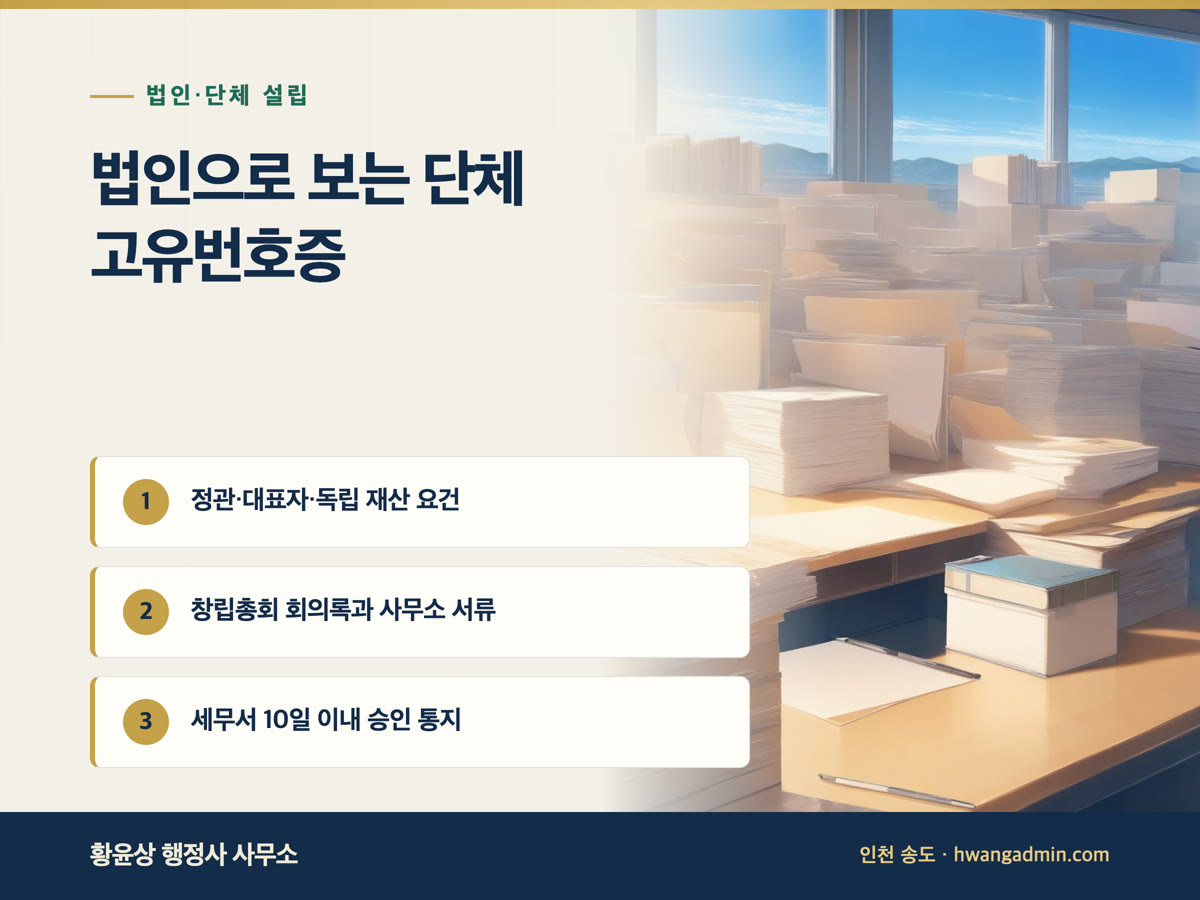 법인으로 보는 단체 승인과 고유번호증 발급 — 협회·동호회·임의단체 통장 개설 — 안내 이미지