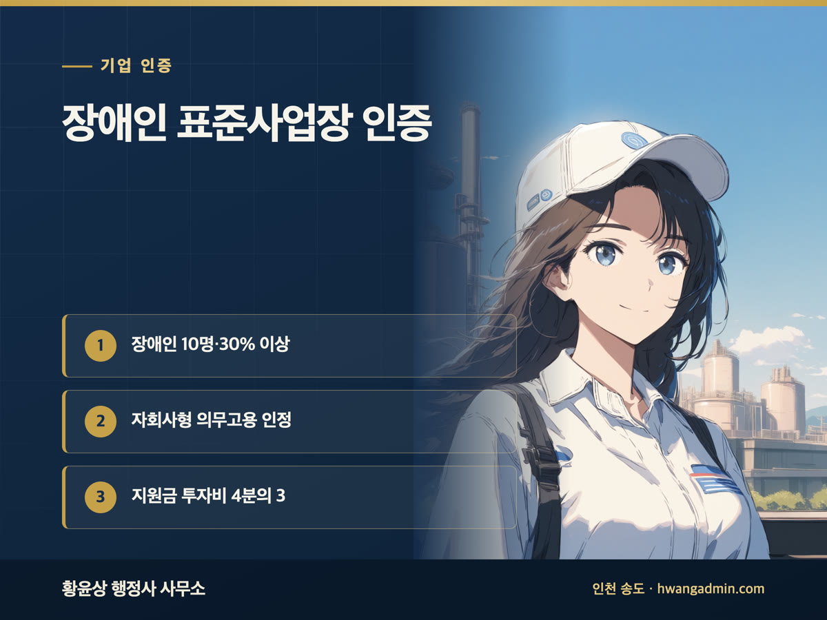 장애인 표준사업장 인증 요건과 지원금 — 장애인 10명·30%, 자회사형 의무고용 인정 — 안내 이미지