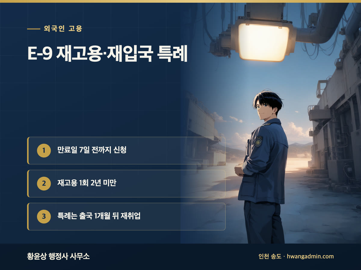 E-9(비전문취업) 외국인근로자 재고용과 성실근로자 재입국 특례 — 만료 7일 전 신청 기한과 요건 — 안내 이미지