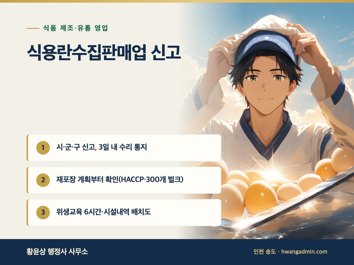 식용란수집판매업 영업신고 — 달걀 유통은 신고만, 재포장은 HACCP 인증과 300개 벌크 예외 확인 — 안내 이미지