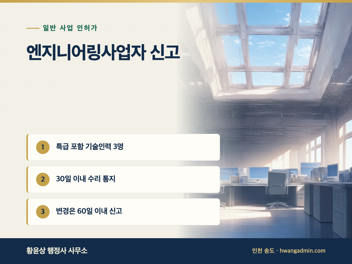 엔지니어링사업자 신고 요건 — 특급기술자 포함 기술인력 3명과 사무실 — 안내 이미지