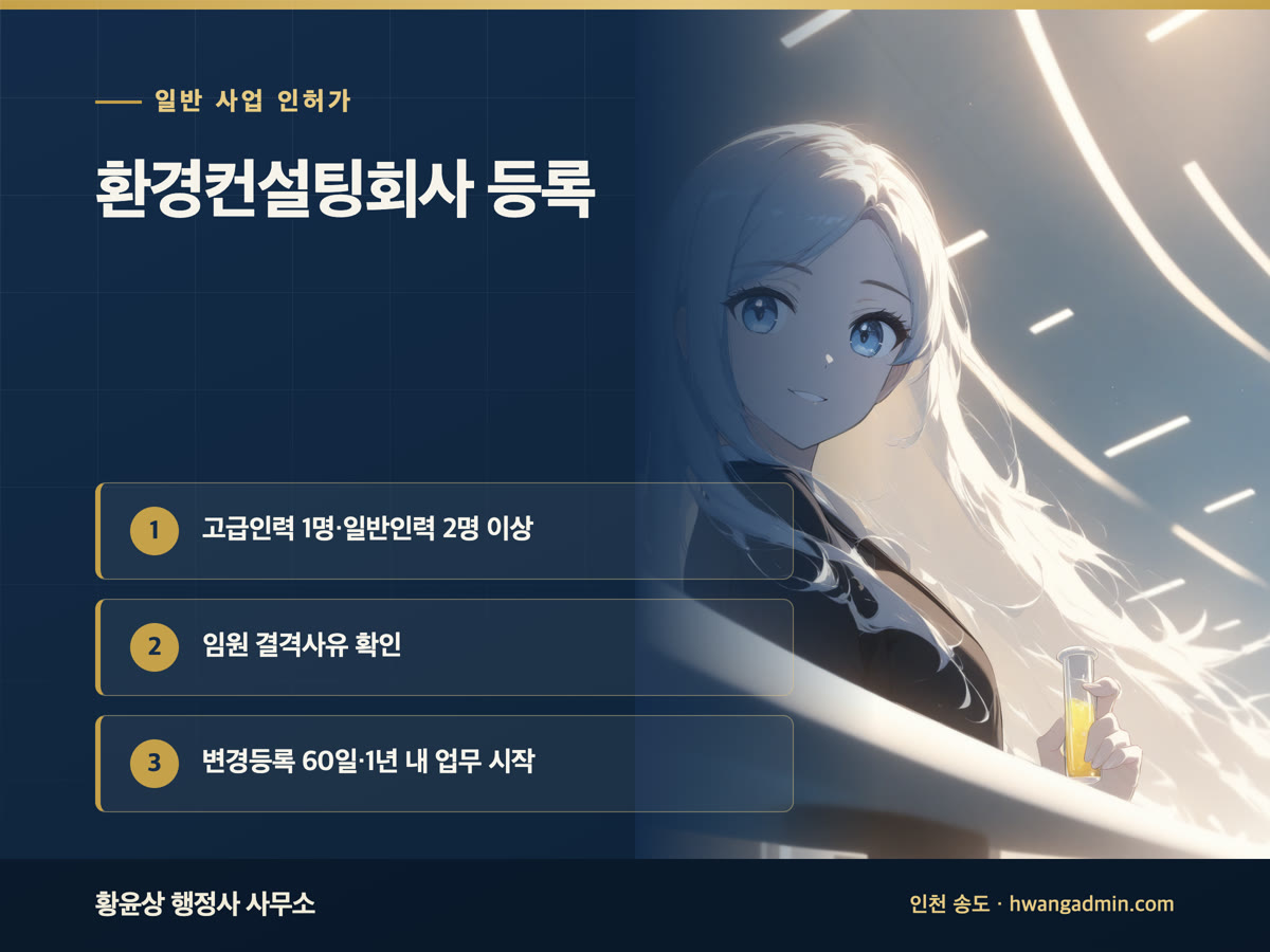 환경컨설팅회사 등록 요건 — 고급인력 1명·일반인력 2명, 시·도 등록 절차 — 안내 이미지