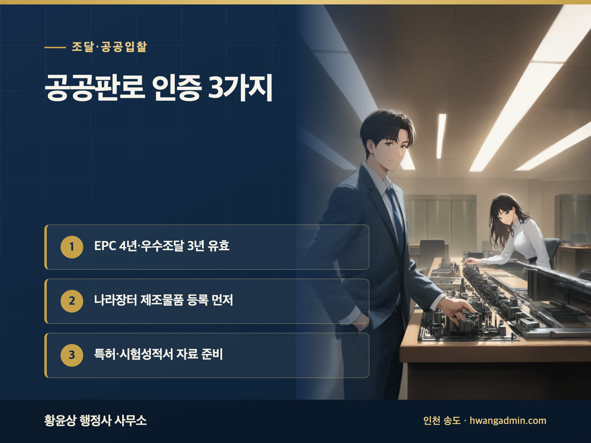 성능인증(EPC)·우수조달물품 지정·환경표지 인증 신청 — 대상 제품과 서류, 유효기간 — 안내 이미지