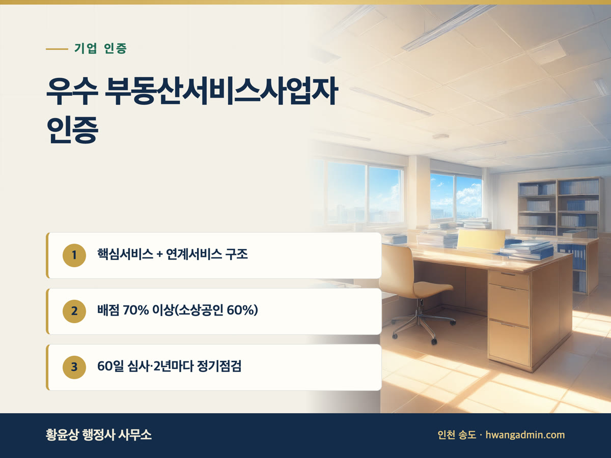 우수 부동산서비스사업자 인증 요건과 심사 기준 — 핵심서비스·연계서비스, 70% 통과선 — 안내 이미지