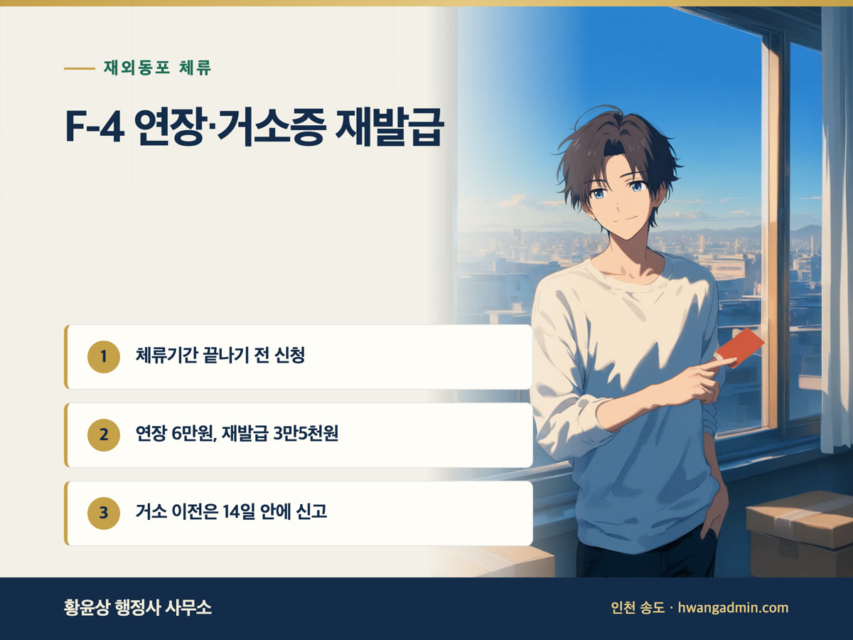 F-4(재외동포) 체류기간 연장과 거소증 재발급 — 수수료 6만원·3만5천원, 거소 이전 14일 — 안내 이미지