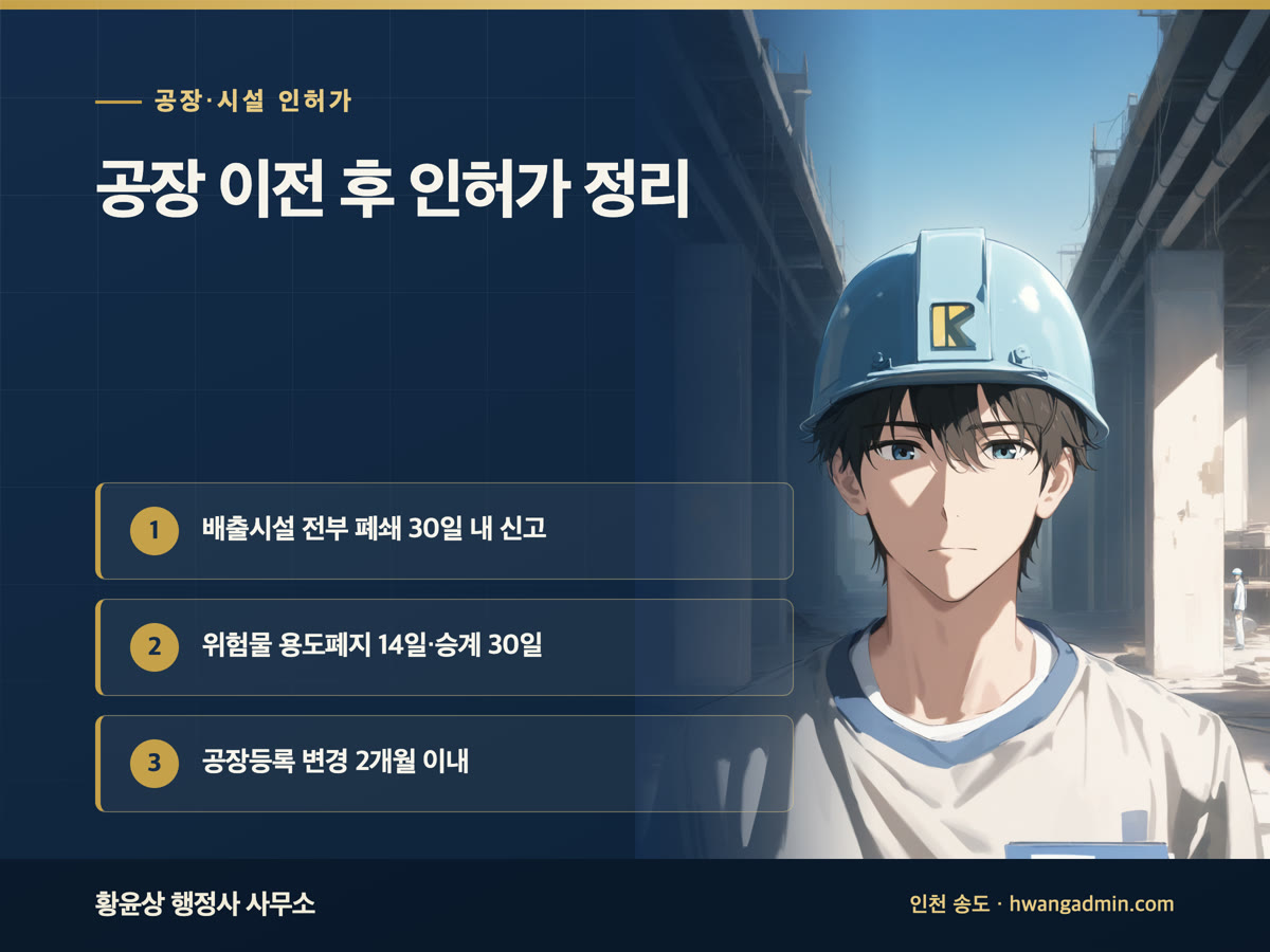 공장 이전·매각 후 남은 인허가 정리 — 공장등록 변경·취소, 배출시설 폐쇄신고 30일과 지위승계 — 안내 이미지